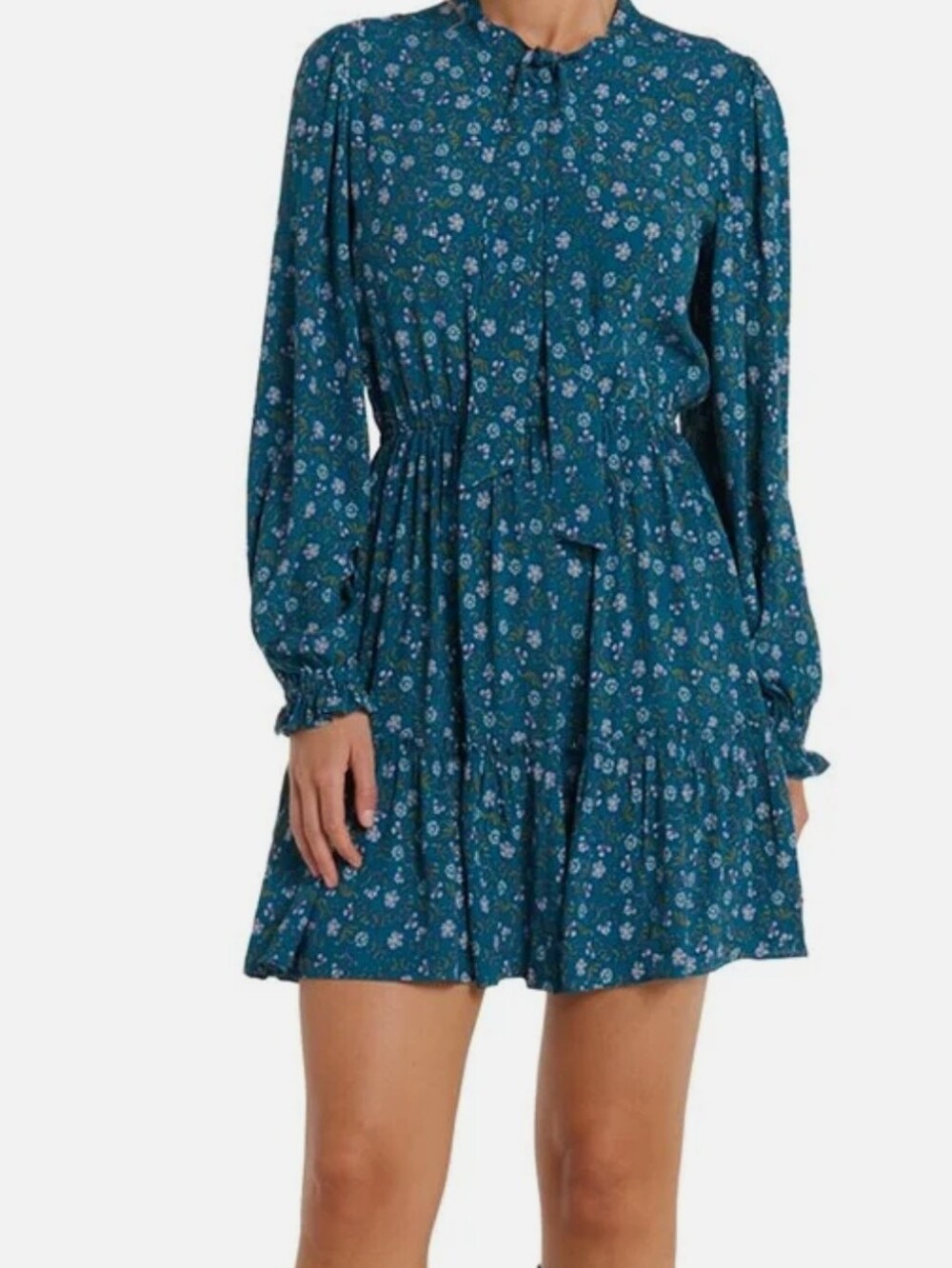 Hermoza Teal Meadow Floral Lee Collar Neck Mini Dress Small Tie Neck Button